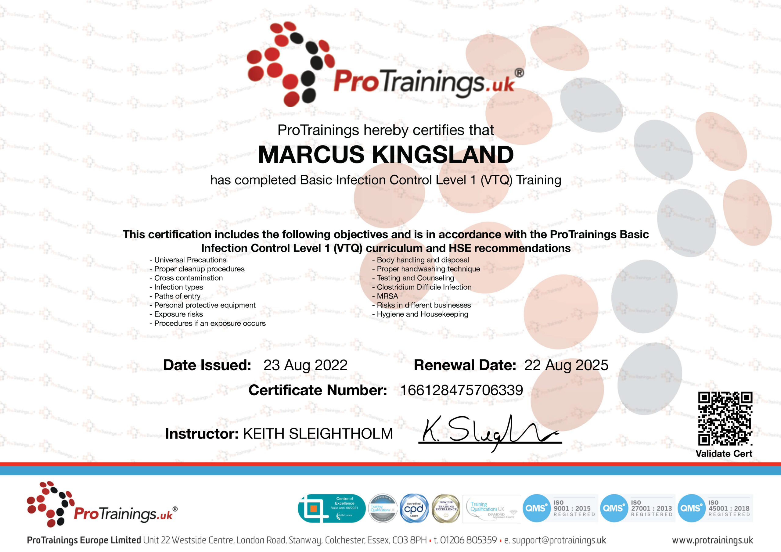 Basic Infection Control Level 1 Certificate - Marcus Kingsland