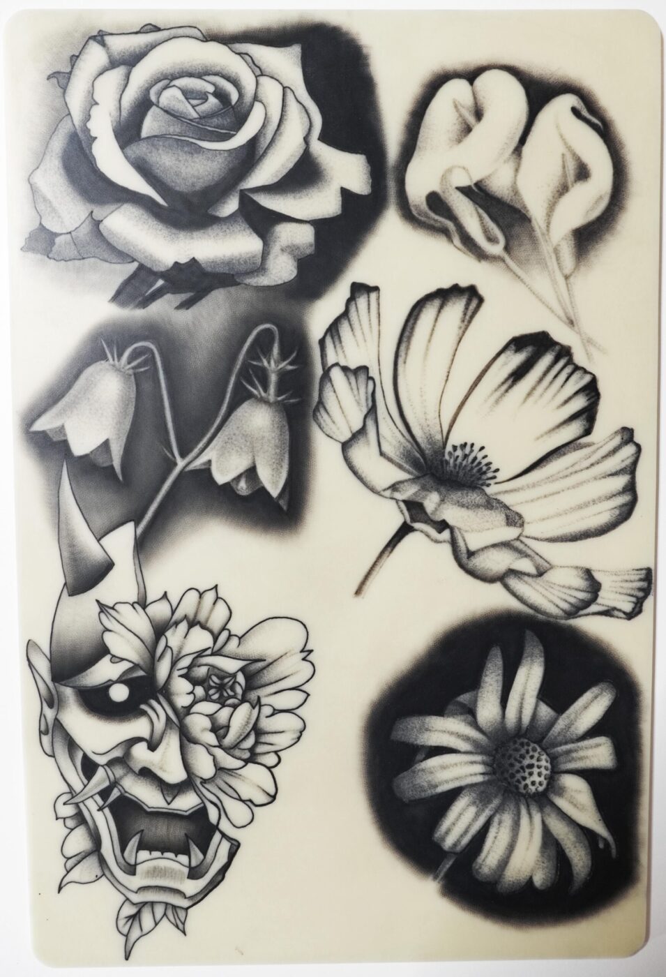 Botanical and flower tattoos on fake skin by tattoo artist Marcus Kingsland at Markings Tattoos in Beverley, East Riding of Yorkshire.