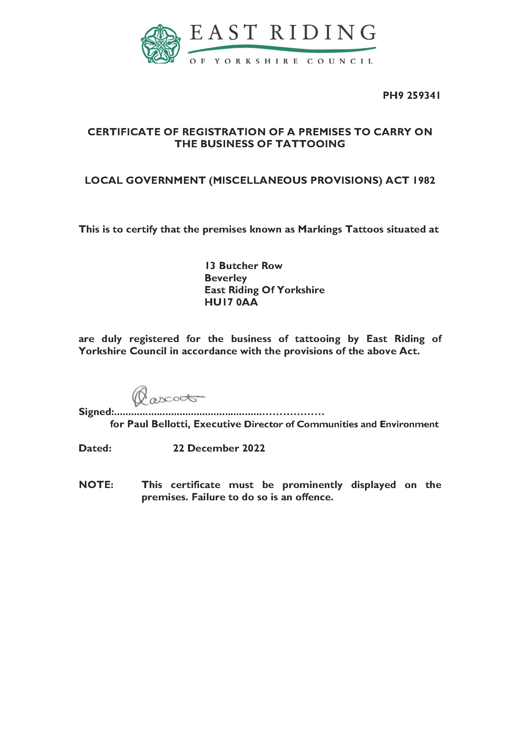 PH3259341 Tattoo Premises Licence