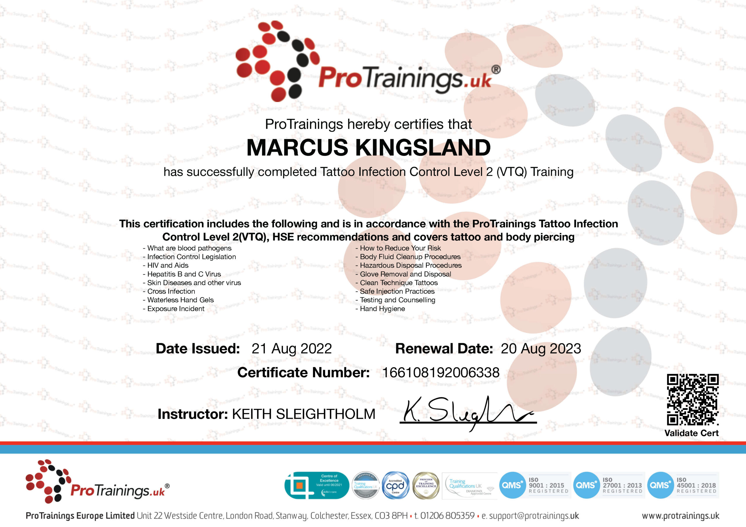 Basic Infection Control Level 2 Certificate - Marcus Kingsland