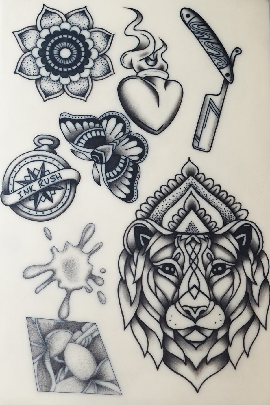 Various tattoo designs on fake skin, using a range of linework, brushwork and stipple techniques by tattoo artist Marcus Kingsland at Markings Tattoos in Beverley, East Riding of Yorkshire.