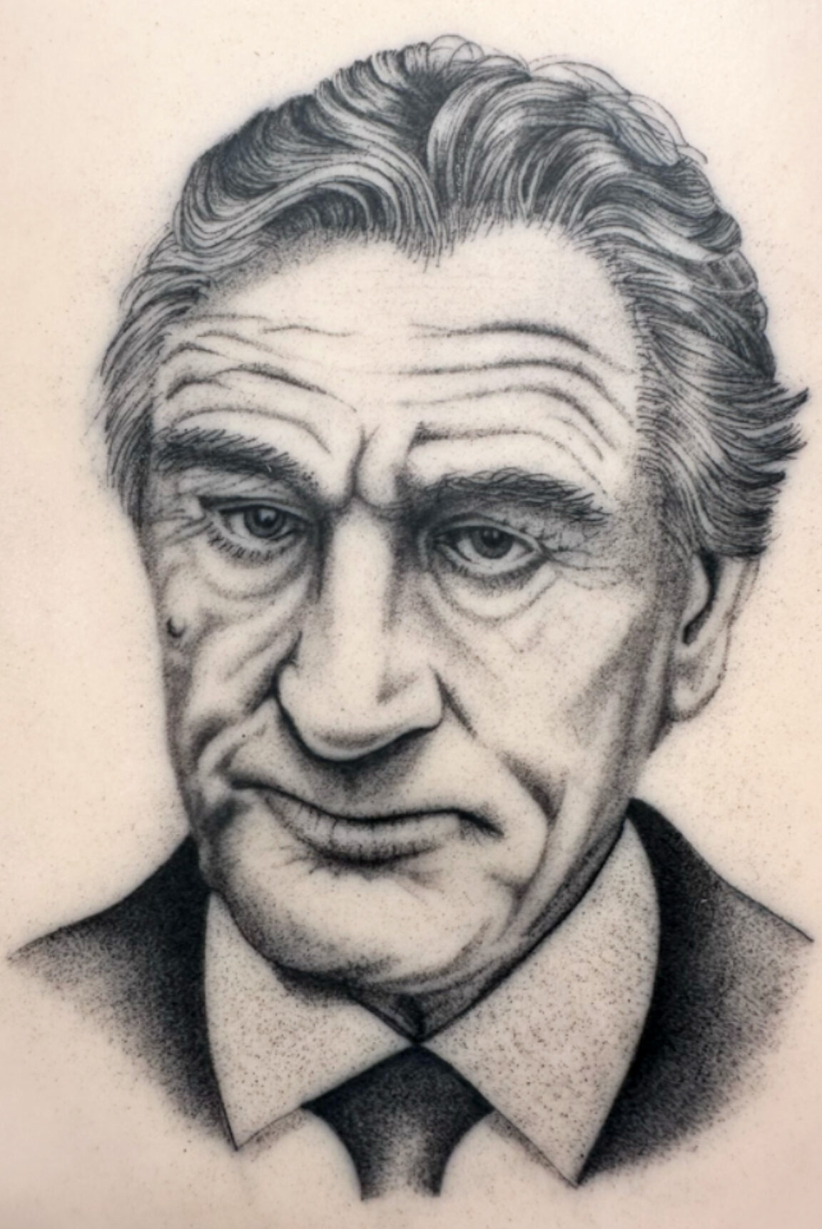 Actor Robert De Niro portrait tattoo by tattoo artist Marcus Kingsland at Markings Tattoos in Beverley, East Riding of Yorkshire.