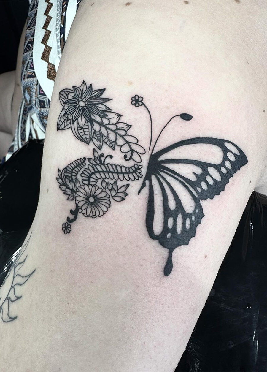 Butterfly tattoo by tattoo artist Marcus Kingsland at Markings Tattoos in Beverley, East Riding of Yorkshire.