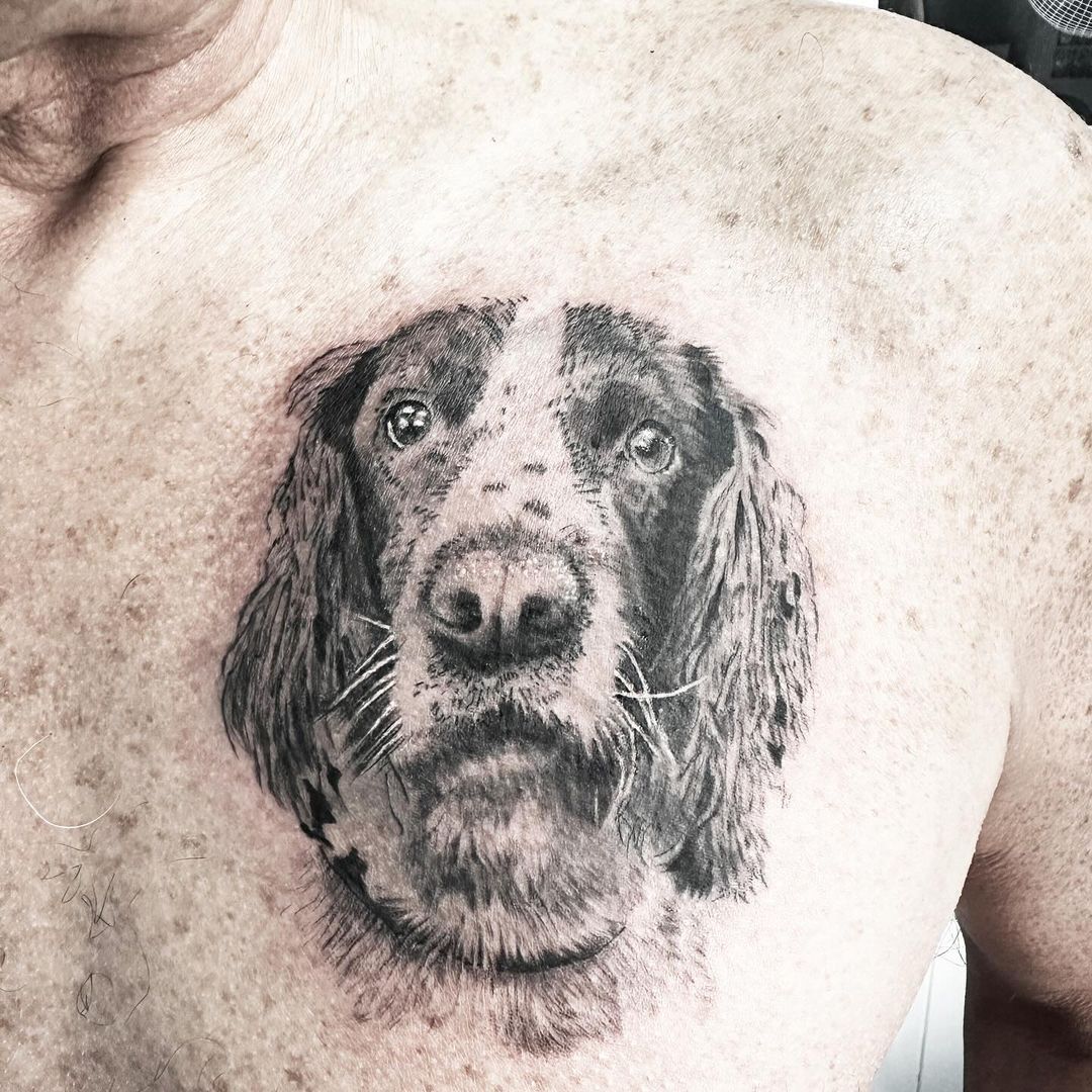 Dog portrait tattoo by artist Marcus Kingsland at Markings Tattoos in Beverley, East Riding of Yorkshire.