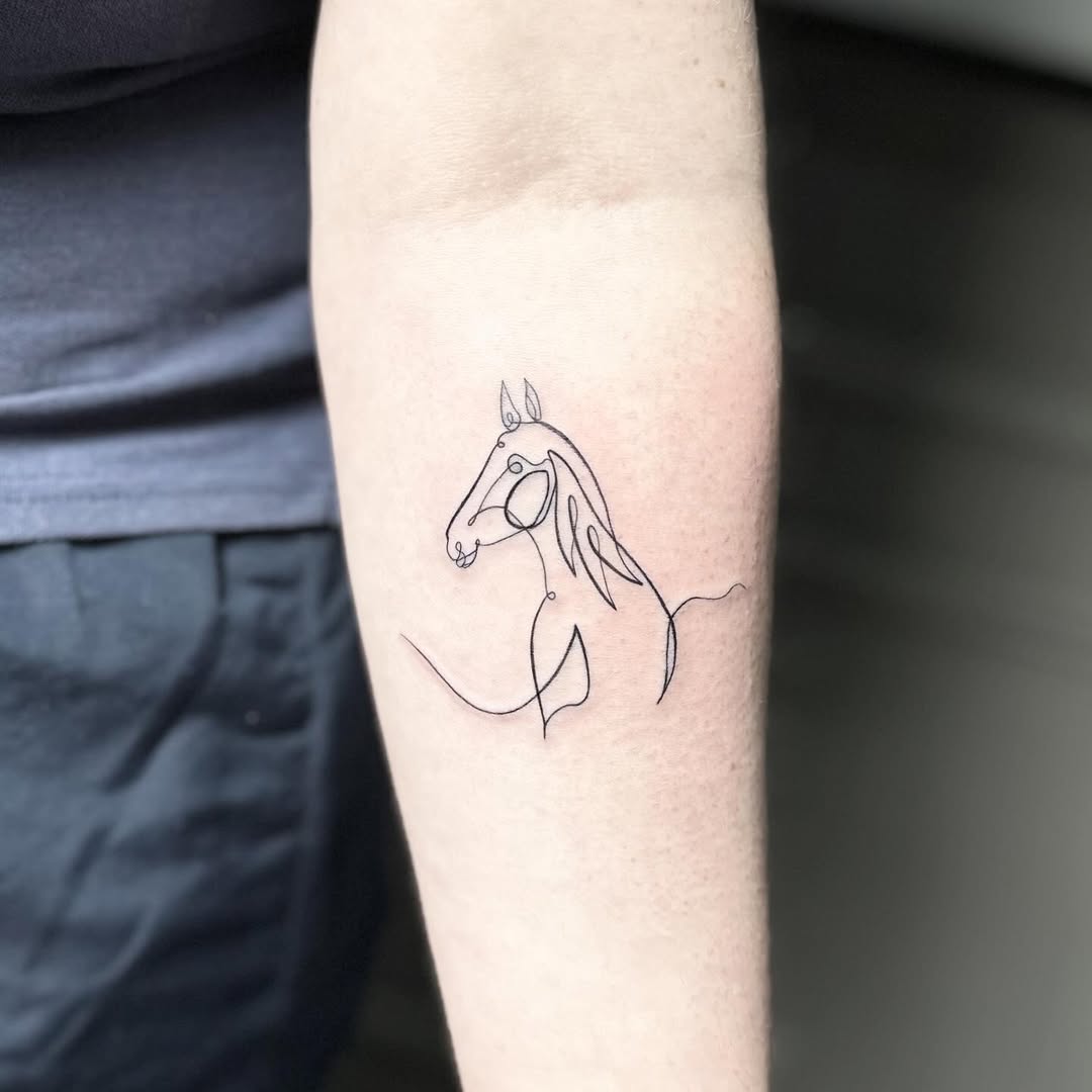 Continuous line horse tattoo by artist Marcus Kingsland at Markings Tattoos in Beverley, East Riding of Yorkshire.