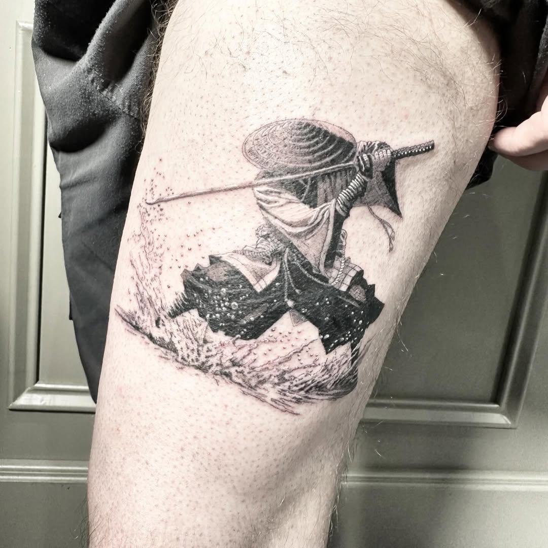 Japanese Samurai tattoo by artist Marcus Kingsland at Markings Tattoos in Beverley, East Riding of Yorkshire.